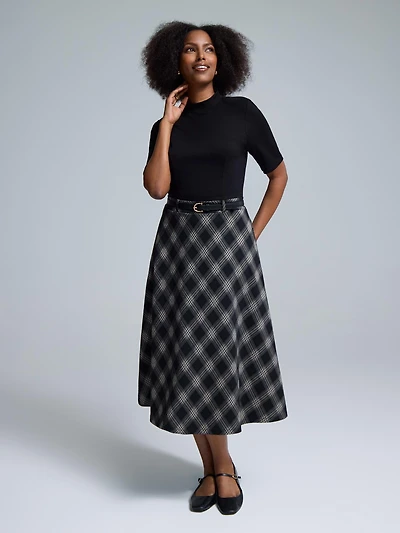 2-Fer Mock Neck Plaid Midi Dress