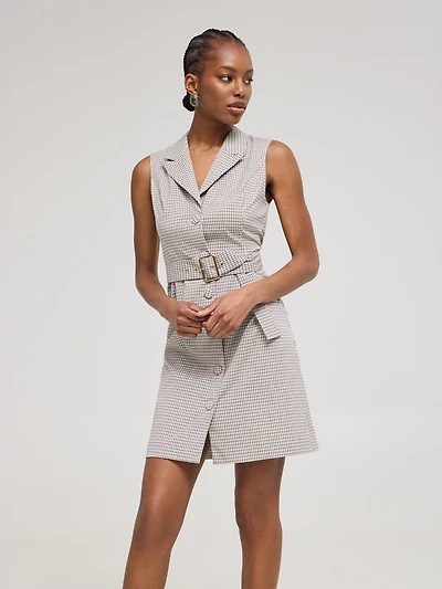 Sleeveless Plaid Blazer Dress With Belt