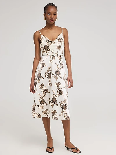 Floral Satin Cowl Neck Midi Dress