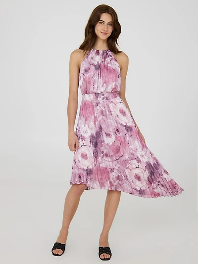 Halter Pleated Asymmetrical Floral Dress