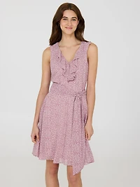 Mini-robe en mousseline à volants, col V et petites fleurs