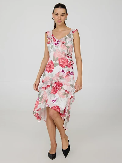 Floral High-Low Ruffle Chiffon Dress