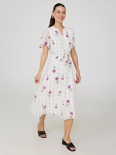 Floral Split Neck Chiffon Midi Dress