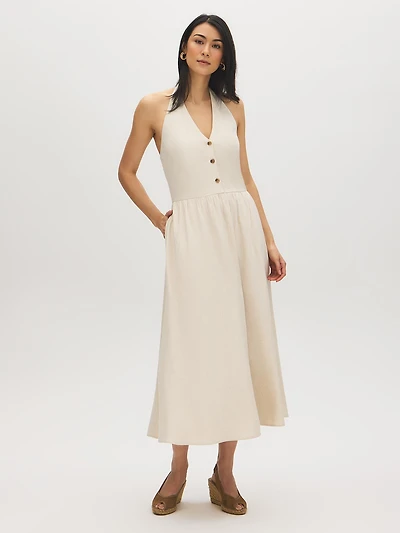 Robe mi-longue en mélange de lin et col licou