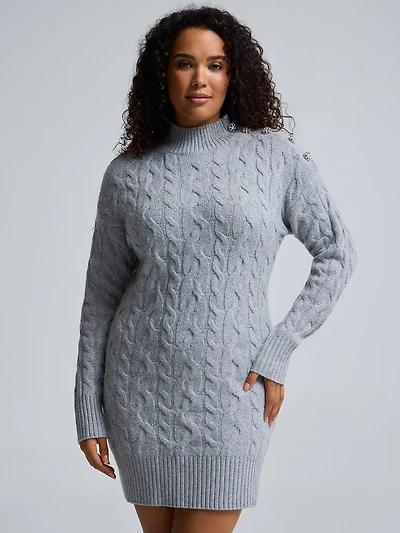 Mock Neck Cable Knit Sweater Dress