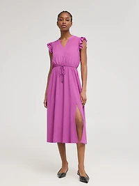Robe mi-longue en mousseline sans manches à col fendu