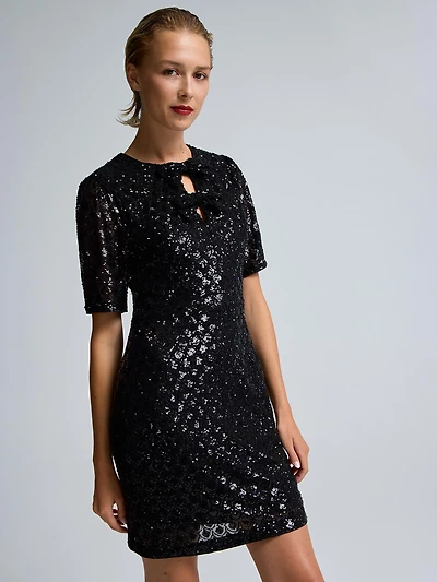 Bow Detail Sequin Mesh Dress