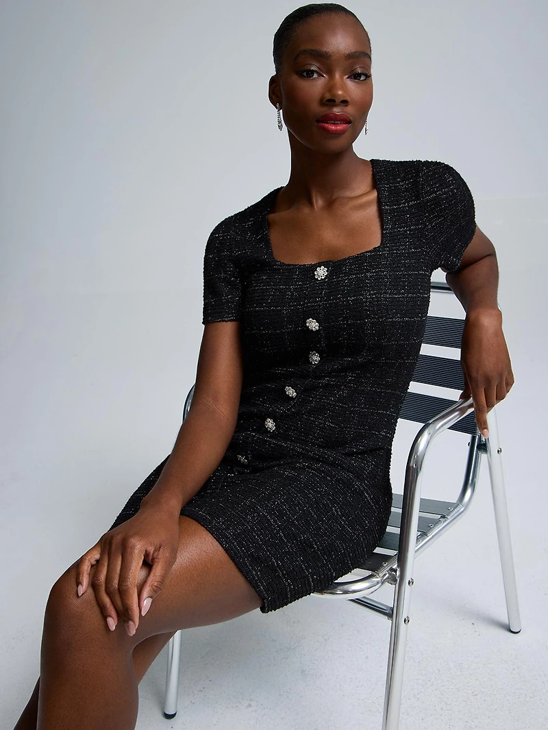 Mini-robe courte en tricot bouclé métallisé