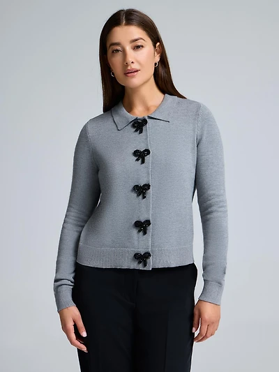 Bow-Button Collared Cardigan