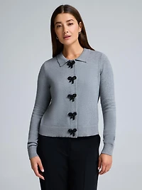 Bow-Button Collared Cardigan