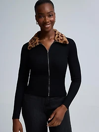 Faux Fur Collar Zip-Front Cardigan