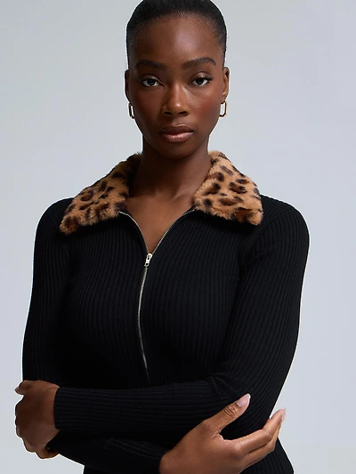 Faux Fur Collar Zip-Front Cardigan