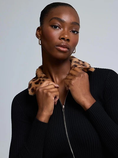 Faux Fur Collar Zip-Front Cardigan