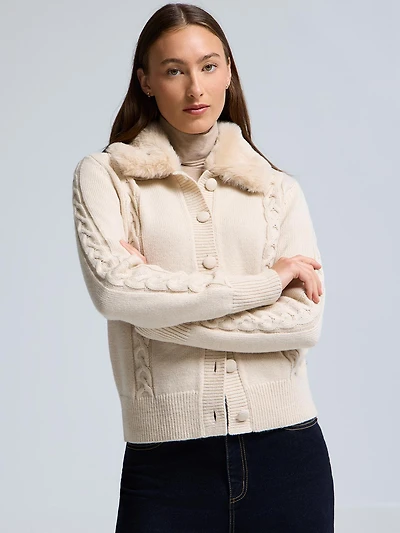 Cardigan à col amovible en fausse fourrure