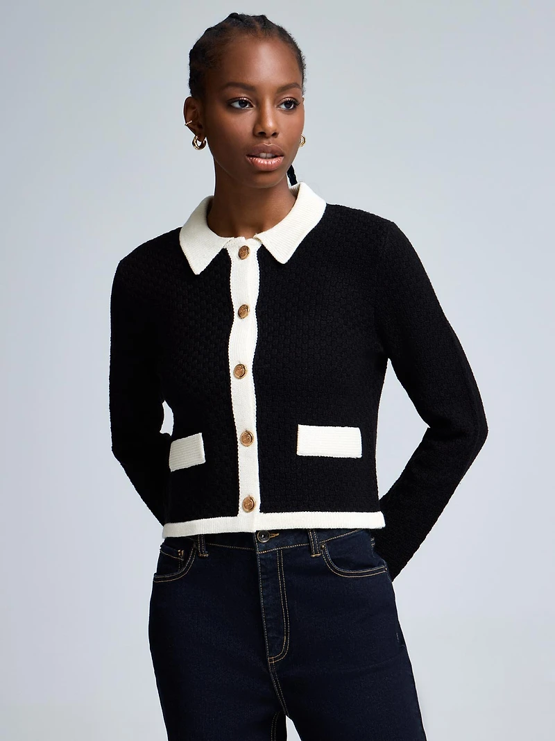 Cardigan en natté à col contrasté