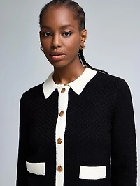 Contrast Collared Basketweave Cardigan