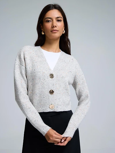 Gold Metal Button-Front Cardigan