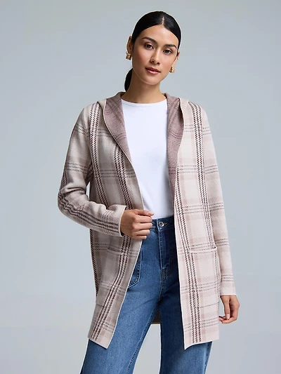 Manteau-cardigan à capuche et carreaux