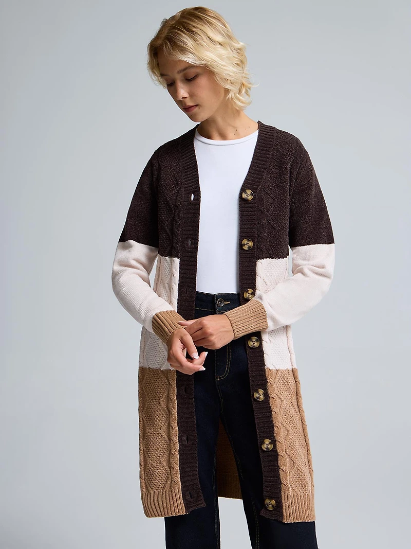 Chenille Colour Block Long Cardigan