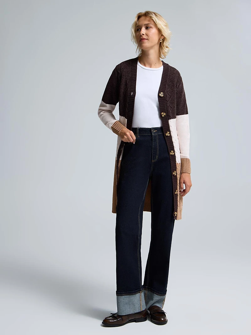 Chenille Colour Block Long Cardigan