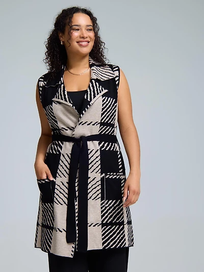 Long cardigan ceinturé sans manches avec col