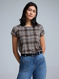 Short Raglan Sleeve Plaid T-Shirt