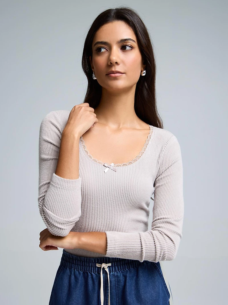 Mini Rib Lace Trim Pajama Top