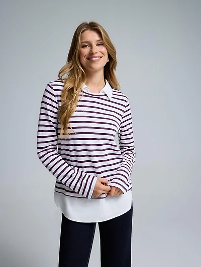 2-Fer Striped Sweater With Cotton Blouse