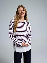 2-Fer Striped Sweater With Cotton Blouse