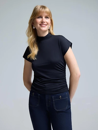 Double Layer Ruched Mock Neck Top