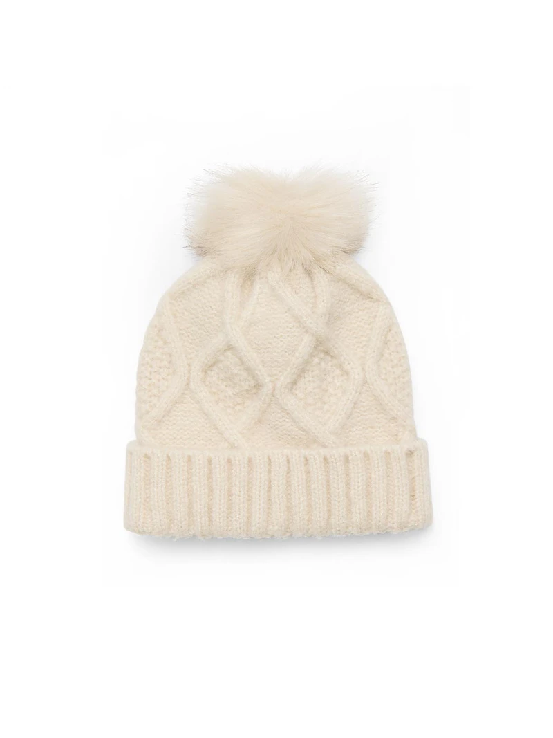 Cable Knit Hat With Faux Fur Pom Pom