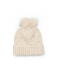 Cable Knit Hat With Faux Fur Pom Pom