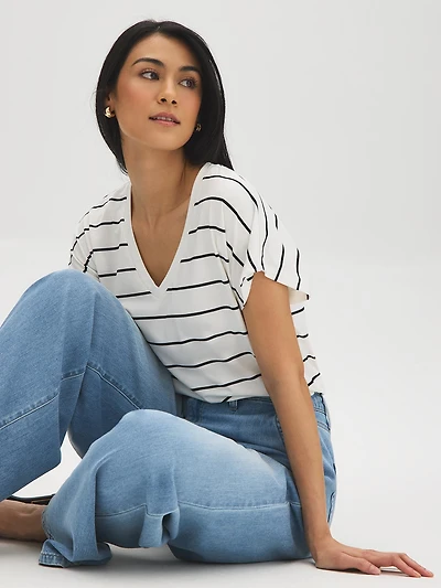 Striped V-Neck Dolman Sleeve T-Shirt