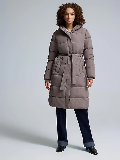 Veste matelassée longue ceinturée