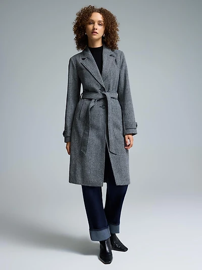 Herringbone Faux Wool Wrap Coat