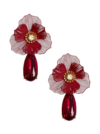 Filigree Flower Earrings With Teardrop Gem