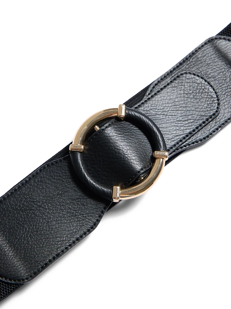 Gold Buckle Faux Leather Elastic Belt