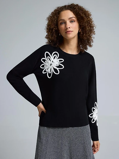 Contrast Floral Soutache Pullover Sweater