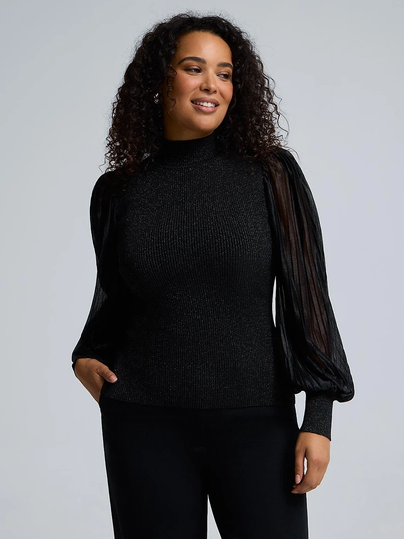 Metallic Plisse Sleeve Mock Neck Top