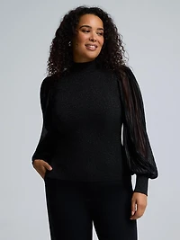 Metallic Plisse Sleeve Mock Neck Top