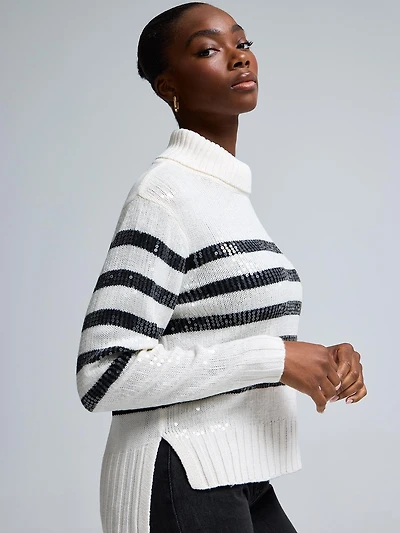 Sequin Striped Turtleneck Sweater