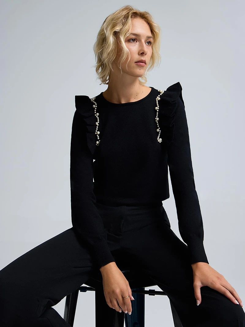 Pearl Embellished Ruffle Sweater