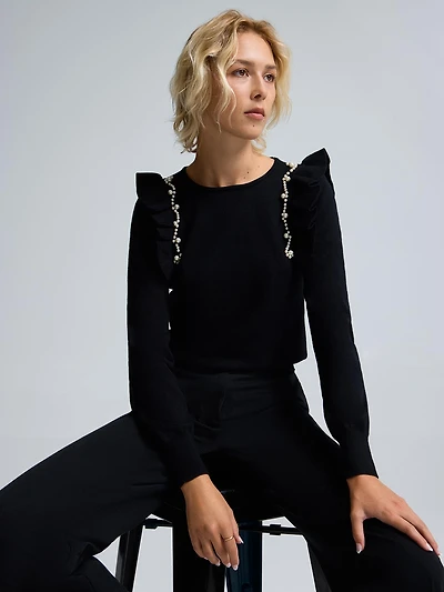 Pearl Embellished Ruffle Sweater