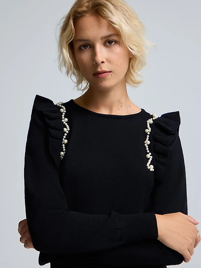 Pearl Embellished Ruffle Sweater