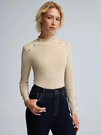 Button Detail Mock Neck Metallic Sweater