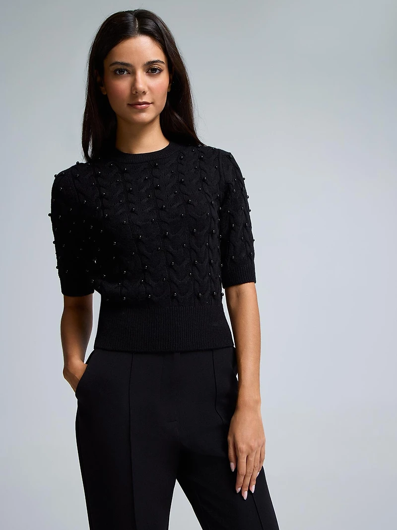 Short Sleeve Pearl Cable Knit Sweater