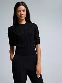 Short Sleeve Pearl Cable Knit Sweater