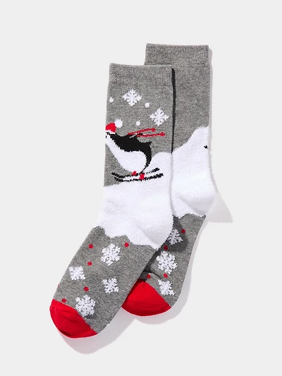 Fuzzy Penguin Print Socks