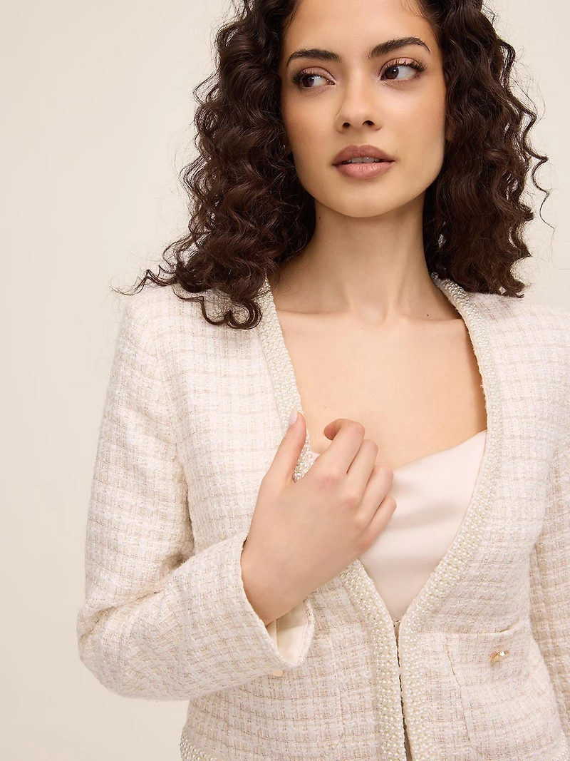 Metallic Bouclé Blazer With Pearl Trim