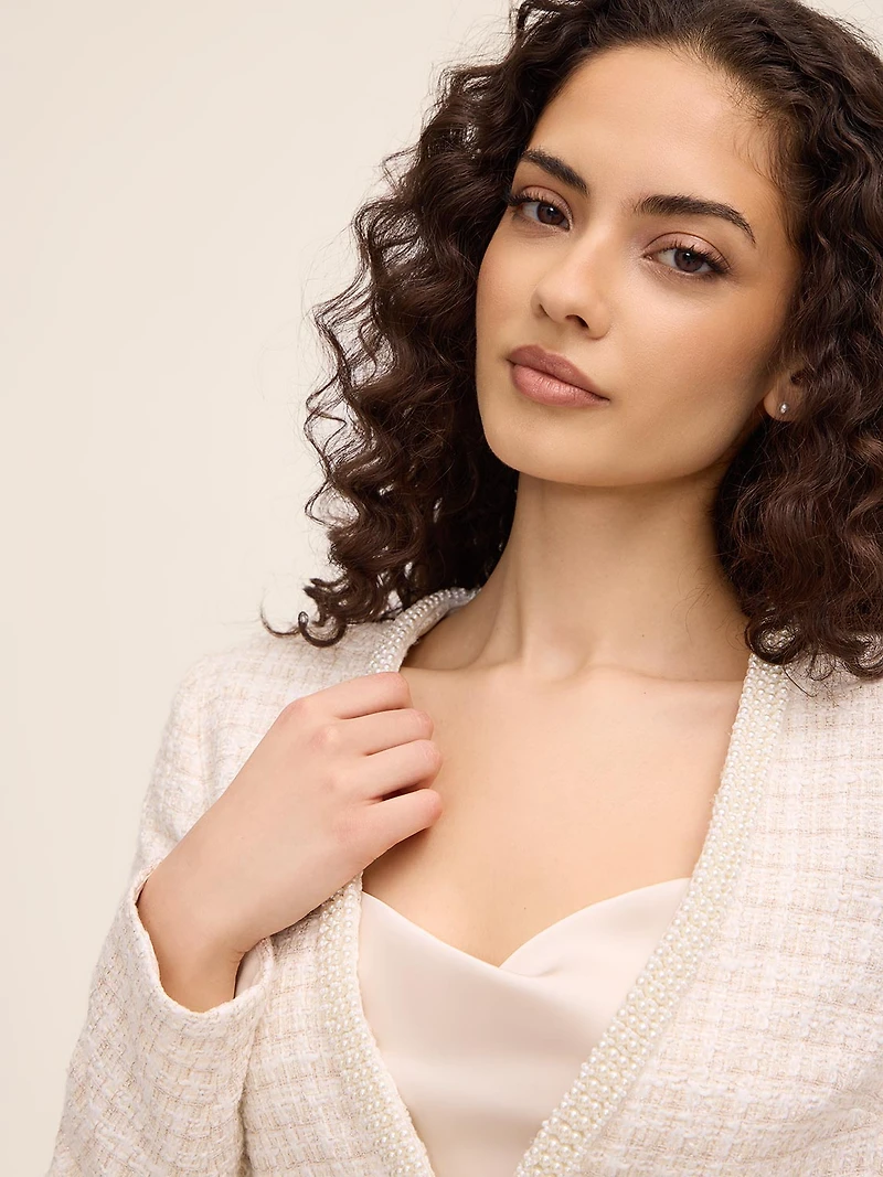 Metallic Bouclé Blazer With Pearl Trim